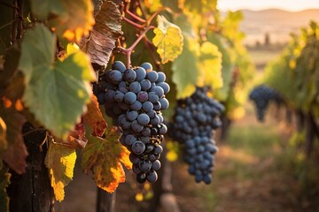 Ripe wine grapes on Wine farm during a sunset warm light.