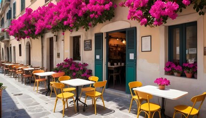 An outdoor cafetaria inItaly with Bougainvillea Flowers on the wall