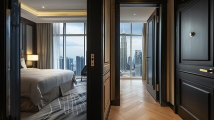luxury hotel room that the door half-open ,the right side is the black colour door open, the left side is the room inside view, the design is modern 