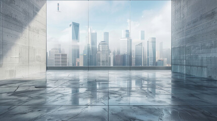 Empty floor with city skyline. Generative AI 