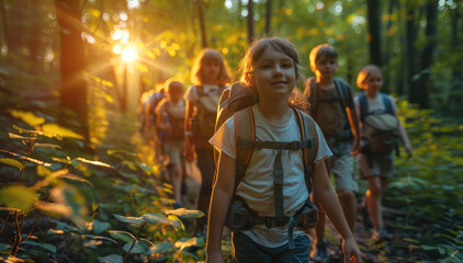 Naklejka na ściany i meble Group of children hiking through the forest during summer holiday. Generative AI.