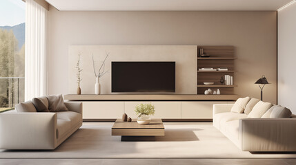 Fototapeta na wymiar Contemporary Living Room with Sleek Decor and Open Shelving, Bathed in Natural Sunlight