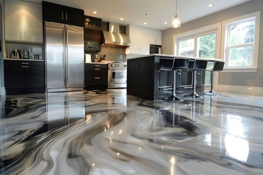 Modern kitchen, nicely furnished, the floor is made of epoxy resin. Generative ai