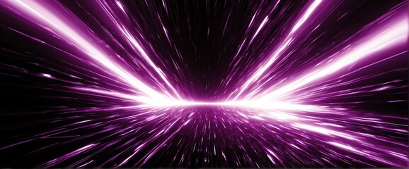 Wide angle panoramic view of abstract purple flash of bright sparkling light rays on plain black background from Generative AI