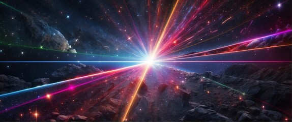 Wide angle panoramic view of colorful laser light beam on dark space universe cosmos background from Generative AI