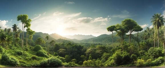 Wide angle panoramic view of pre historic deep jungle forest from Generative AI