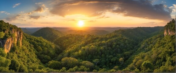 Wide angle panoramic view of pre historic deep jungle forest at sunset from Generative AI - obrazy, fototapety, plakaty