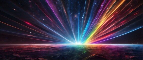Fototapeta na wymiar Wide angle panoramic view of rainbow colored laser light beam on dark space universe cosmos background from Generative AI