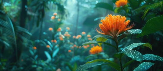 An orange flower stands out amidst the green foliage of a dense forest. The vibrant bloom adds a pop of color to the natural surroundings.