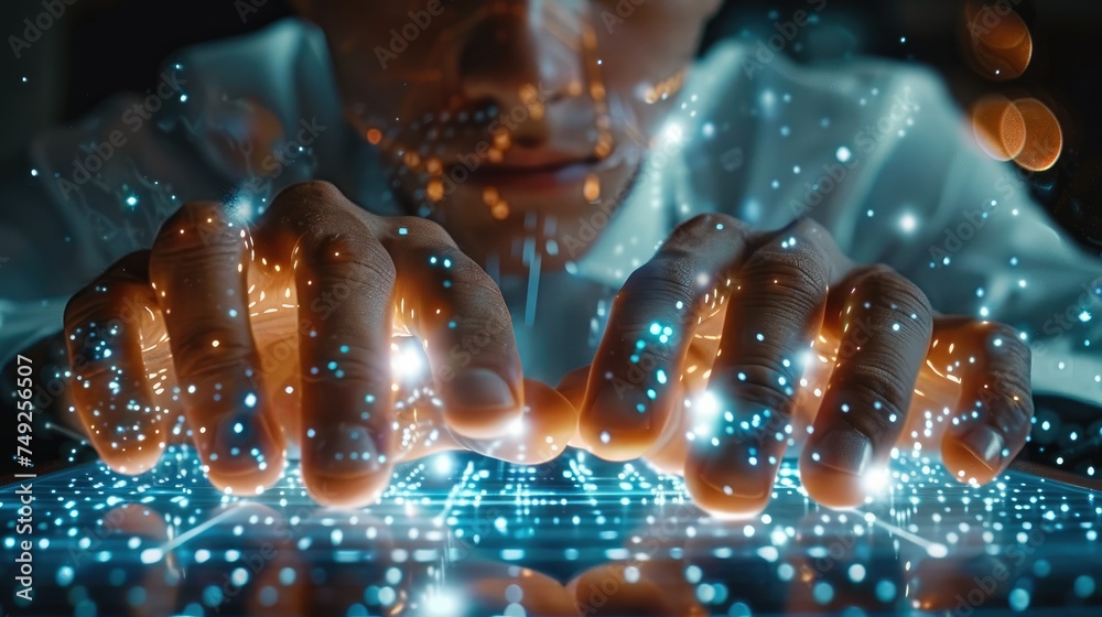 Poster businessman touching diagram hologram, business graph, business man touching on infographic hud pane