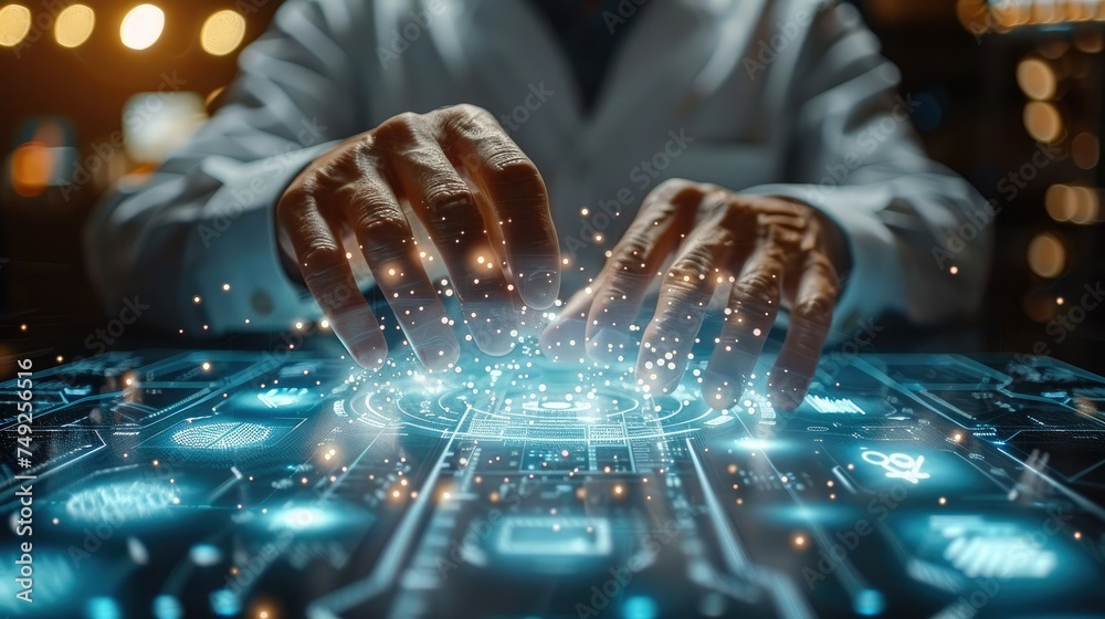 Poster businessman touching diagram hologram, business graph, business man touching on infographic hud pane