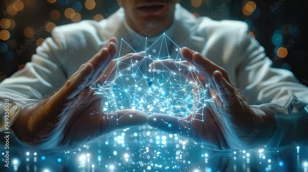 Poster businessman touching diagram hologram, business graph, business man touching on infographic hud pane