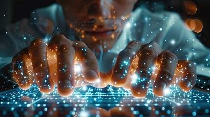 Businessman touching diagram hologram, business graph, business man touching on infographic hud panel with Artificial Intelligence on screen, technology concept. Generative AI.