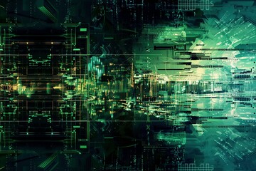 Obraz premium Futuristic Border Design: High-Tech Pattern Poster Border with Dark Colors, Greens, and Blues, Resembling a High-Tech Computer Screen