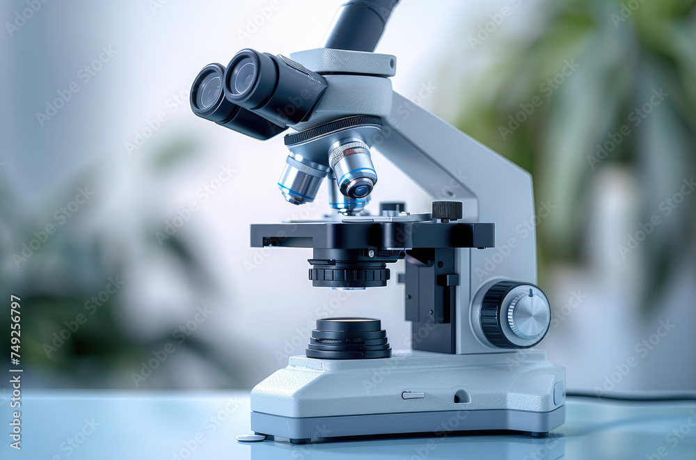 Poster Close-up shot of microscopes on the clean background. Generative AI.
