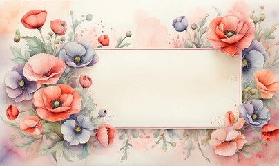 Fototapeta na wymiar Greeting card. watercolor illustration of a large space for a note with colorful tiny poppy flowers on a soft pastel background with a hint of floral pattern.