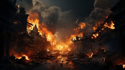 Bombing of the city. Explosions and fire. Ruined city with destroyed buildings, burnt-out vehicles and ruined streets.