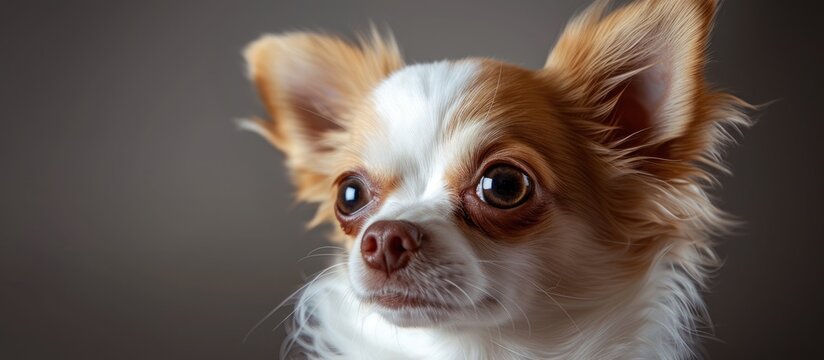 A small brown and white Chihuahua with expressive brown eyes is the main focus of the close-up shot. The dogs fur is a mix of brown and white patches, and its eyes shine brightly in the light.