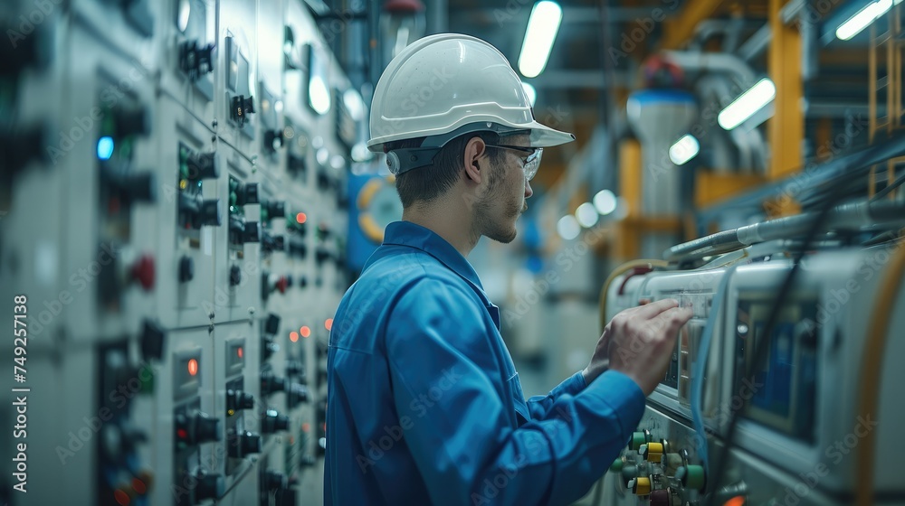 Fototapete Electrical engineer stands with a sense of purpose in front of a control panel within a standard factory. Generative AI.