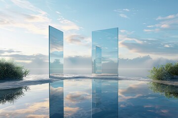 Reflective Serenity: Large Rectangular Mirror Resting on Calm Waters, Blending Minimalist and Photorealistic Scenes with Orientalist Landscapes and Geometric Surrealism