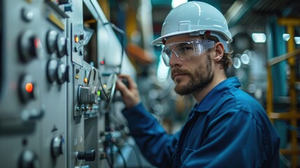 Electrical engineer stands with a sense of purpose in front of a control panel within a standard factory. Generative AI.