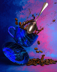 Flying, levitating porcelain cup, saucer, spoon, splashes, liquid, black coffee, grains, 3D rendering