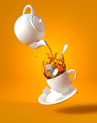 Flying, levitating porcelain cup, saucer, teapot, spoon, black tea liquid splash splash, 3D rendering