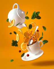 Flying, levitating porcelain cup, saucer, teapot, spoon, lemon slices, sprigs of mint leaves, black tea liquid splash, 3D rendering