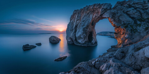 A rocky arch formation by the sea with sunset