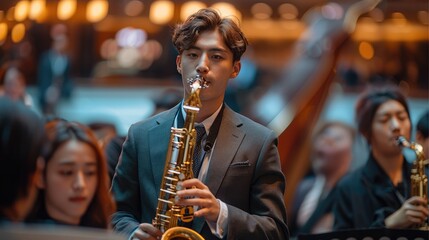 A jazz concert, young male saxophone player standing the central on the stage. Generative AI. - 749257913