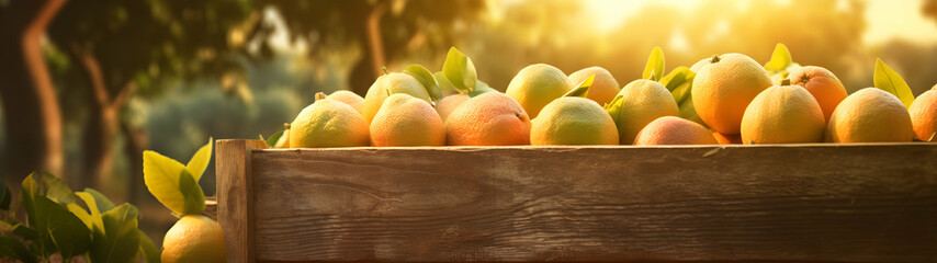 Pomelo harvested in a wooden box with orchard and sunshine in the background. Natural organic fruit abundance. Agriculture, healthy and natural food concept. Horizontal composition, banner. - obrazy, fototapety, plakaty