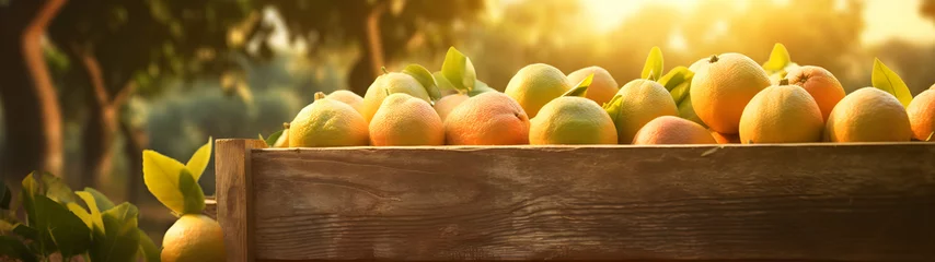 Deurstickers Pomelo harvested in a wooden box with orchard and sunshine in the background. Natural organic fruit abundance. Agriculture, healthy and natural food concept. Horizontal composition, banner. © linda_vostrovska