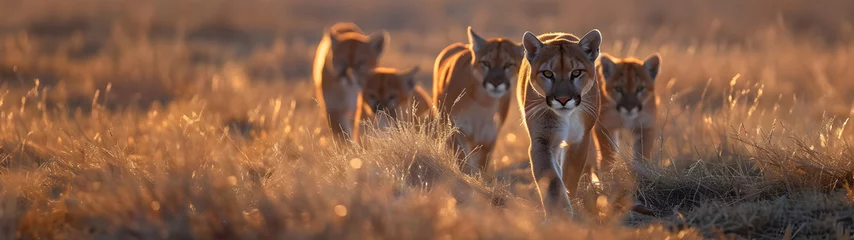 Poster Puma family in the savanna with setting sun shining. Group of wild animals in nature. © linda_vostrovska