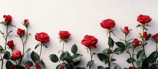 A bunch of vibrant red roses contrast beautifully against a plain white wall, creating a striking visual display. The roses are elegantly arranged, showcasing their natural beauty.