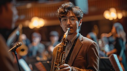 A jazz concert, young male saxophone player standing the central on the stage. Generative AI. - obrazy, fototapety, plakaty