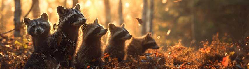 Racoon dog family in the forest with setting sun shining. Group of wild animals in nature....
