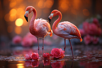 An image of Pink flamingos in water with flowers Generative AI
