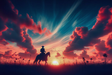 Silhouette of a horse and a rider against dramatic evening storm clouds, Cowboy rides into the sunset generative ai - obrazy, fototapety, plakaty