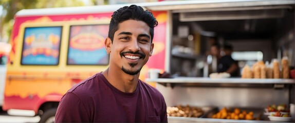 Small business owner young hispanic man at front of food truck smiling looking at camera from Generative AI