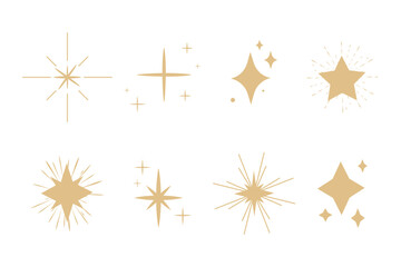 Star blink doodle gold sparkle, set sparkle fireworks, holiday party explosion isolated on white background. Golden magic celestial starburst. Vector illustration - obrazy, fototapety, plakaty