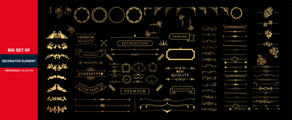 Gold Vintage decor elements and wicker lines icon set, wedding album menu elements icon set, Calligraphic design elements.