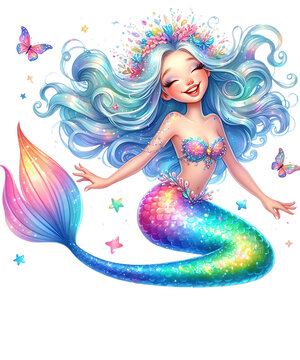 Watercolor Colorful Mermaid Clipart PNG ai generated