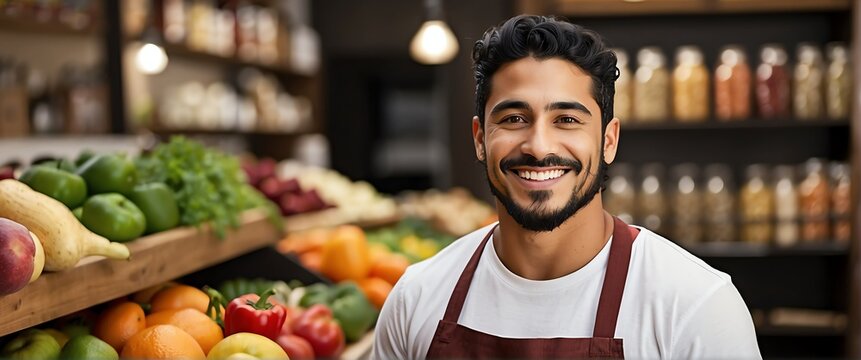 Small business owner young hispanic man at whole bulk food store smiling looking at camera from Generative AI