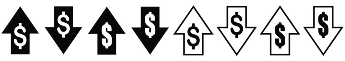 Cost rising icon. Profits Increase icon. Dollar exchange rate up, rate down vector illustration.