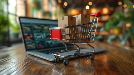 Cyber Online Shopping Cart Concept with a Cart Full of Boxes on Top of a Laptop Computer 
