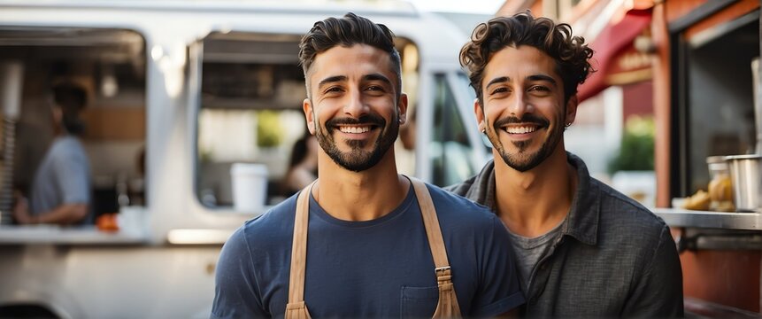 Small business owner young italian man at front of food truck smiling looking at camera from Generative AI