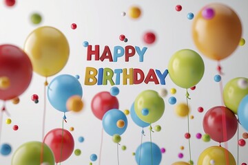 Joyful Occasion: 'HAPPY BIRTHDAY' Text in Colorful Letters with Playful Illustrated Balloons on White Background