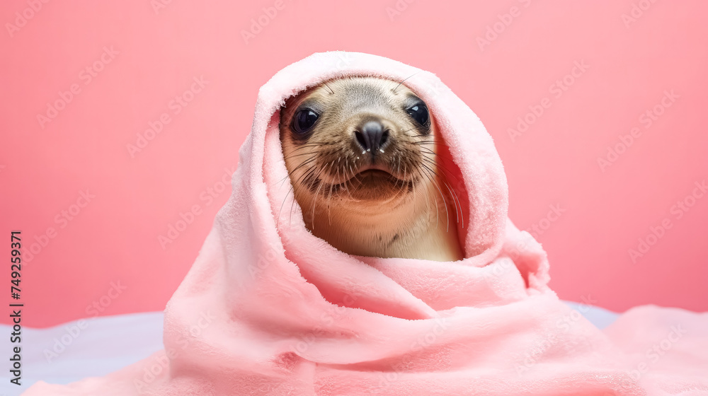 Wall mural A fur seal wrapped in a pink towel after a bath