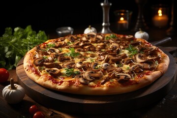 Side view of chicken and mushroom pizza served with sauce and vegetable salad on a wooden plate. Generative AI