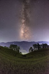 Papier Peint photo Mu Cang Chai Night with Milky Way rice fields on terraced of Mu Cang Chai, Vietnam